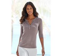 Blusenshirt LASCANA "mit Knopfleiste", Damen, Gr. 32/34, grau (taupe), Single Jersey, Obermaterial: 65% Polyester (REPREVE), 35% Viskose, gemustert, bequem normal, V-Ausschnitt, Shirts Blusenshirt, So