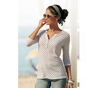 Blusenshirt LASCANA "mit Knopfleiste", Damen, Gr. 44/46, weiß (sanftes weiß), Single Jersey, Obermaterial: 65% Polyester (REPREVE), 35% Viskose, gemustert, casual, bequem normal, V-Ausschnitt, 3/4-Ärm