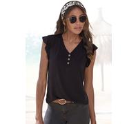 Blusenshirt LASCANA "mit Zierknopfleiste", Damen, Gr. 36/38, schwarz, Single Jersey, Obermaterial: 95% Viskose (LENZING™ ECOVERO™), 5% Elasthan, unifarben, lässig geschnitten normal, V-Ausschnitt, Flü