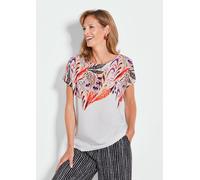 Kurzarmshirt GOLDNER "Elegantes Oberteil mit Ethno-Muster", Damen, Gr. 44, weiß (weiß, gemustert), Obermaterial: 100% Viskose CV., figurumspielend, Gerade, Shirts, Dekorativer Druck (71097623-44) weiß