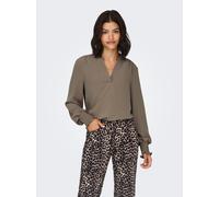 Blusenshirt ONLY "ONLMETTE V-NECK LS SMOCK TOP NOOS WVN", Damen, Gr. S, braun (braun lentil), Web, Obermaterial: 100% Polyester, unifarben, regular fit normal, V-Ausschnitt, gesmokt, Shirts Blusenshir