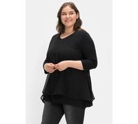 Blusenshirt SHEEGO "3/4-Arm-Shirt", Damen, Gr. 48/50, schwarz, 95% Viskose, 5% Elasthan, Chiffon:100% Polyester, unifarben, V-Ausschnitt, Shirts Blusenshirt (38705344-48) schwarz