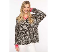 Blusenshirt ZWILLINGSHERZ "Leo", Damen, Gr. L/XL, beige, pink, Web, Obermaterial: 95% Viskose, 5% Elasthan, V-Ausschnitt, Shirts Blusenshirt, V-Neck, Animal Print, sportive Bündchen (81613105-L) beige