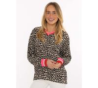 Blusenshirt ZWILLINGSHERZ "Leo", Damen, Gr. S/M, beige (pink), Jersey, Obermaterial: 95% Viskose, 5% Elasthan, gemustert, mehrfarbig, bequem Po-bedeckend, V-Ausschnitt, angesetztes Bündchen kontrastfa