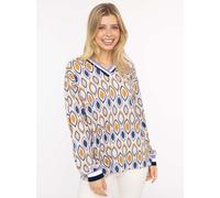 Blusenshirt ZWILLINGSHERZ ""Ornament"", Damen, Gr. SM, blau, Web, Obermaterial: 95% Viskose, 5% Elasthan, gemustert, Modisch, Shirts, langärmlig, V-Neck, Ornament-Print, sportive Bündchen (23697205-S)