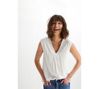 Blusentop BONPRIX, Damen, Gr. 32/34 (XS), weiß, Web, Obermaterial: 95% Polyester, 5% Elasthan, unifarben, bequem, V-Ausschnitt, Blusen Blusentop, bequeme Passform, ohne Ärmel, mit Lochstickerei (81278