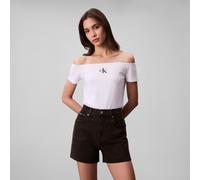 Blusentop CALVIN KLEIN JEANS "MNGRM OFF SHLDR STRT", Damen, Gr. L (42), weiß (brilliant weiß), Web, Obermaterial: 95% Baumwolle, 5% Elasthan, unifarben, körpernah normal, tiefer Rundhals, abgesteppte