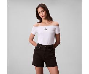 Blusentop CALVIN KLEIN JEANS "MNGRM OFF SHLDR STRT", Damen, Gr. L (42), weiß (brilliant weiß), Web, Obermaterial: 95% Baumwolle, 5% Elasthan, unifarben, körpernah normal, tiefer Rundhals, abgesteppte