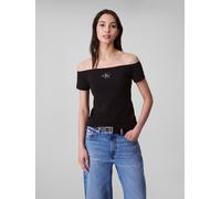 Blusentop CALVIN KLEIN JEANS "MNGRM OFF SHLDR STRT", Damen, Gr. XS (36), schwarz, Web, Obermaterial: 95% Baumwolle, 5% Elasthan, unifarben, körpernah normal, tiefer Rundhals, abgesteppte Kante, Blusen