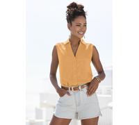 Blusentop LASCANA, Damen, Gr. 34, orange (mango peach), Web, Obermaterial: 58% Viskose, 28% Baumwolle, 14% Leinen, unifarben, figurumspielend hüftlang, V-Ausschnitt, Blusen Blusentop, aus softer Webwa