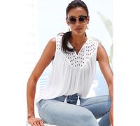 Blusentop LASCANA, Damen, Gr. 36, weiß, Crêpe, Obermaterial: 100% Viskose. Spitze: 100% Baumwolle, unifarben, figurumspielend hüftlang, V-Ausschnitt, Blusen Blusentop, mit Lochstickerei (23129430-36) 