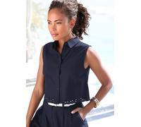 Blusentop LASCANA, Damen, Gr. 42, blau (navy), Web, Obermaterial: 49% Viskose, 43% Baumwolle, 8% Leinen, unifarben, modisch, gerade taillenbedeckt, ohne Ärmel, Blusen, mit Häkelapplikation, Leinenblus