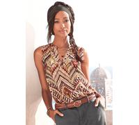 Blusentop LASCANA "mit Ethnoprint und V-Ausschnitt aus gewebter Viskose", Damen, Gr. 40, braun (braun, bedruckt), Web, Obermaterial: 100% Viskose, bedruckt, figurumspielend hüftlang, tiefer V-Ausschni