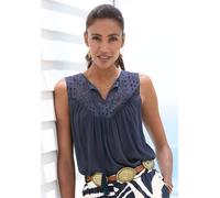Blusentop LASCANA "mit Lochstickerei am Ausschnitt, leicht transparent", Damen, Gr. 34, blau (navy), Crêpe, Obermaterial: 100% Viskose. Spitze: 100% Baumwolle, unifarben, figurumspielend hüftlang, V-A