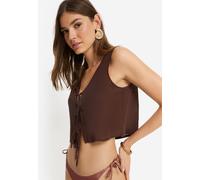 Blusentop LSCN BY LASCANA, Damen, Gr. 38, schwarz braun, Web, Obermaterial: 58% Viskose, 28% Baumwolle, 14% Leinen, unifarben, lässig geschnitten bauchfrei, tiefer V-Ausschnitt, Blusen Blusentop, mit