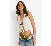 Blusentop LSCN BY LASCANA, Damen, Gr. 40, weiß (creme), Web, Obermaterial: 58% Viskose, 28% Baumwolle, 14% Leinen, unifarben, lässig geschnitten bauchfrei, tiefer V-Ausschnitt, Blusen Blusentop, mit S