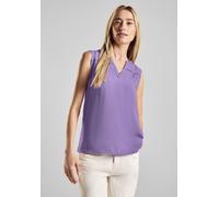 Blusentop STREET ONE, Damen, Gr. 44, lila (bellflower lila), Stoff, 100% Viskose, unifarben, gerade hüftlang, Rundhals, Bündchen, Blusen Blusentop, Mit Stickerei (61481446-44) bellflower lila