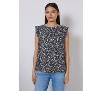 Blusentop STREET ONE STUDIO, Damen, Gr. 36, weiß (light sunstone beige), Stoff, 88% Viskose, 12% Polyamid, bedruckt, normal normal, Rundhals, Rüschen, Blusen Blusentop, mit Knopfleiste (46366305-36) l