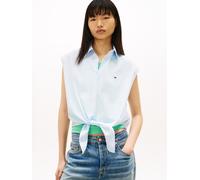 Blusentop TOMMY JEANS "TJW TIE FRONT POPLIN SHIRT", Damen, Gr. L (40), blau (light powdery blau, stripe), Popeline, Obermaterial: 100% Baumwolle, gestreift, taillenbedeckt, Rundhals, Blusen Blusentop,