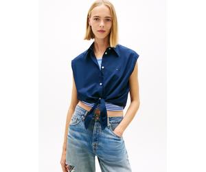 Blusentop TOMMY JEANS "TJW TIE FRONT POPLIN SHIRT", Damen, Gr. L (40), blau (schwarz night navy), Popeline, Obermaterial: 100% Baumwolle, unifarben, taillenbedeckt, Rundhals, Blusen Blusentop, mit Kno