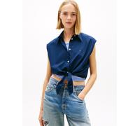 Blusentop TOMMY JEANS "TJW TIE FRONT POPLIN SHIRT", Damen, Gr. M (38), blau (schwarz night navy), Popeline, Obermaterial: 100% Baumwolle, unifarben, taillenbedeckt, Rundhals, Blusen Blusentop, mit Kno