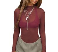 Blusentops Damen, Transparente Ausgeh Tops Damen Elegante Leicht Durchsichtige Bluse mit Daumenloch Sexy Mesh T Shirt Figurbetontes Sommer Spitzenshirt für Partys und Clubbesuche Burgunder S