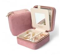 BLUTETE Reise-Schmuckschatulle, Samt, Reiseetui mit Spiegel, Ringe, Ohrringe, Halsketten, Aufbewahrungsbox, Altrosa