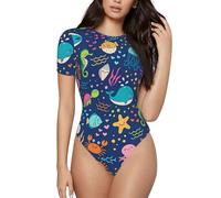 BLWSLC Cartoon Sea Fish Printed Short Sleeve Jumpsuit Women Inner Layer Pair with High Waist Jeans., Schwarz , L