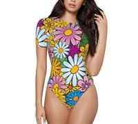 BLWSLC Cartoon süße Blumen gedruckt Kurzarm Jumpsuit Damen Innenschicht gepaart mit hoher Taille Jeans, Schwarz , XXL