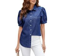 BMJL Damen Denim-Shirt Business Casual Button Down Arbeit Blusen Puffärmel Sommer Tops, Dunkelblau, X-Groß