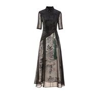 BMOZRM Cheongsam Sommer Traditionell Ao Dai Vietnamesische Tunika Für Frauen Chinesische Kleider Weiblich Drucken Mutterkleid Für Täglich Tragbar (Color : Schwarz, Size : 5XL)