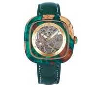 BOBO BIRD Herren-Holzuhren, quadratisch, Skelett, mechanische Uhr, automatisch, selbstaufziehend, Lederarmband, mehrere Farben, Grün , Casual