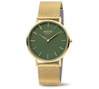 Boccia Titanium Damenuhr 3273-12 Titan gelbgoldfarben 36 mm mit grünem Zifferblatt, Quarz Armbanduhr mit Milanaise Edelstahlband, ultraflach ca 6 mm, wasserdicht 3 bar