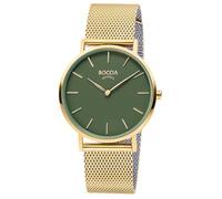 Boccia Titanium Damenuhr 3273-12 Titan gelbgoldfarben 36 mm mit grünem Zifferblatt, Quarz Armbanduhr mit Milanaise Edelstahlband, ultraflach ca 6 mm, wasserdicht 3 bar