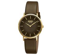 Boccia Titanium Damenuhr 3273-13 Titan gelbgoldplattiert 36 mm mit dunkelbraunem Zifferblatt, Quarz Armbanduhr mit Lederarmband braun, ultraflach ca 6 mm, wasserdicht 3 bar
