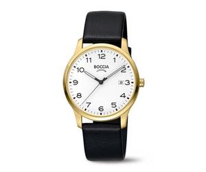 Boccia Titanium Herrenuhr 3620-08 Titan gelbgoldfarben 39 mm mit weißem Zifferblatt, Quarz Armbanduhr mit Lederarmband schwarz, Datum, wasserdicht 5 bar, klassisch elegant