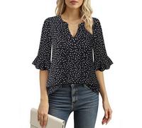 Bodhi talk T-Shirts Damen Sommer: Oberteil Damen Elegant - Business Geblümt Vordere Plissierte V-Neck Bequeme Sommerblusen - Casual Sommer Leicht Bluse Plissee Vorne Arbeit Shirts (Schwarz Weiß XL)