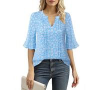 Bodhi talk Tunika Damen Sommer: Damen Blusenshirt Elegant - Business Lässige Plissee Vorne Kurzarm Arbeit Shirts - Casual Oberteile mit V-Ausschnitt Fallverhalten Party T-Shirt (Blau Geblümt L)