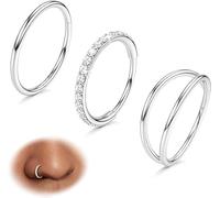 BodyBonita 3 Stück Nasenpiercing - 316L Edelstahl Doppelt Reifen Nasenring 20G CZ Septum Piercing Helix Conch Tragus Daith Ohrring lippenpiercing Schmuck Hypoallergen Frauen Männer Silber 7mm