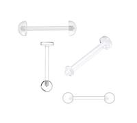 BodyJewelryOnline Zungenhalter, 14 g, transparent, Acryl, Bioflex, gerade, halbe Kugel, Halbrücke, Brustwarzenringe, Tragus-Piercing, Abstandshalter, Labret, flache Rückseite, O-Ring, 16 mm, 4 Stück