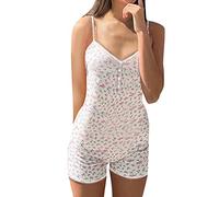 Bodysuit Damen Langarm Jumpsuit mit Blumendruck Y2k Langärmeliger Einteiler Bodysuit V-Ausschnitt Bodycon Shorts Dehnbarer Pyjama Onesie Strampler 90er E-Girl Y2K Style