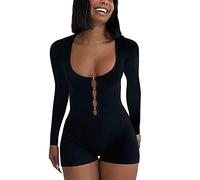 Bodysuit Damen Langarm Jumpsuit mit Blumendruck Y2k Langärmeliger Einteiler Bodysuit V-Ausschnitt Bodycon Shorts Dehnbarer Pyjama Onesie Strampler 90er E-Girl Y2K Style (05 Schwarz, S)