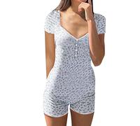 Bodysuit Damen Langarm Jumpsuit mit Blumendruck Y2k Langärmeliger Einteiler Bodysuit V-Ausschnitt Bodycon Shorts Dehnbarer Pyjama Onesie Strampler 90er E-Girl Y2K Style