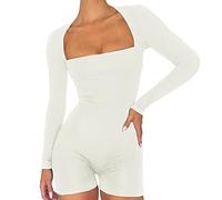 Bodysuit Damen Langarm Jumpsuit mit Blumendruck Y2k Langärmeliger Einteiler Bodysuit V-Ausschnitt Bodycon Shorts Dehnbarer Pyjama Onesie Strampler 90er E-Girl Y2K Style (02 Weiß, L)