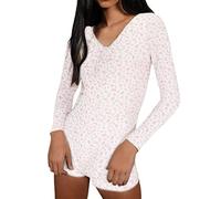 Bodysuit Damen Langarm Jumpsuit mit Blumendruck Y2k Langärmeliger Einteiler Bodysuit V-Ausschnitt Bodycon Shorts Dehnbarer Pyjama Onesie Strampler 90er E-Girl Y2K Style (01 Weiß, M)