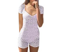 Bodysuit Damen Langarm Jumpsuit mit Blumendruck Y2k Langärmeliger Einteiler Bodysuit V-Ausschnitt Bodycon Shorts Dehnbarer Pyjama Onesie Strampler 90er E-Girl Y2K Style