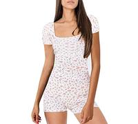 Bodysuit Damen Langarm Jumpsuit mit Blumendruck Y2k Langärmeliger Einteiler Bodysuit V-Ausschnitt Bodycon Shorts Dehnbarer Pyjama Onesie Strampler 90er E-Girl Y2K Style