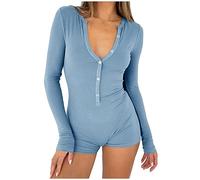 Bodysuit Damen Langarm Jumpsuit Y2k Langärmeliger Einteiler Bodysuit V-Ausschnitt Bodycon Shorts Dehnbarer Pyjama Onesie Strampler 90er E-Girl Y2K Style