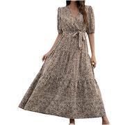 Böhmisches Kleid für Frauen mit V-Ausschnitt, Kurzarmrock, Blumenmuster, Schnürung an der Taille, großer Schwung, knöchellange Kleider