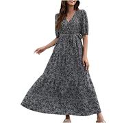 Böhmisches Kleid für Frauen mit V-Ausschnitt, Kurzarmrock, Blumenmuster, Schnürung an der Taille, großer Schwung, knöchellange Kleider